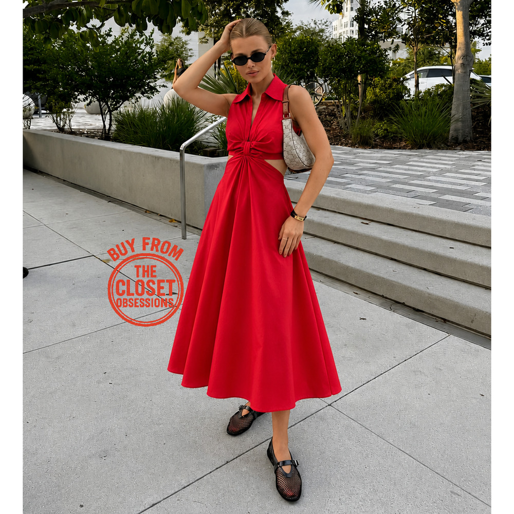 Mango NWT Red Cotton Cutout A-Line Maxi Dress 6 8 - Picture 9 of 16